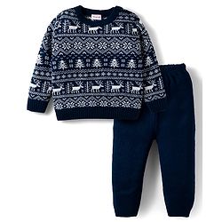 Babyhug Knit Full Sleeves Pullover Sweater Set with Aztec Design - Navy Blue