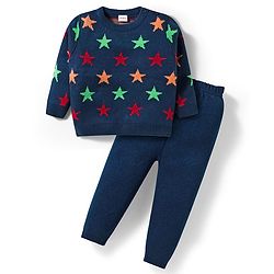 Babyhug Knit Full Sleeves Sweater & Pant Set With Star Design - Navy Blue