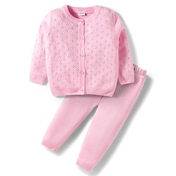 Babyhug Cotton Knit Full Sleeves Front Open Sweater Set - Pink