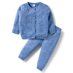 Babyhug Cotton Knit Full Sleeves Front Open Sweater Set - Blue