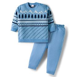 Babyhug Knit Full Sleeves Pullover Sweater Set With Tree Design - Navy Blue