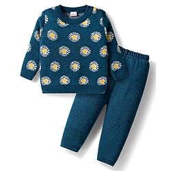 Babyhug Knit Full Sleeves Sweater Set with Floral Design -  Teal Blue