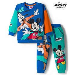 Babyhug Disney Terry Knit Full Sleeves Co-ords Sweatshirt & Lounge Pant Set with Mickey & Friends Graphic - Multicolor