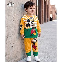 Babyhug Disney Terry Knit Full Sleeves Sweatshirt and Track Pant with Mickey Mouse Graphic - Yellow