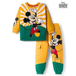 Babyhug Disney Terry Knit Full Sleeves Sweatshirt and Track Pant with Mickey Mouse Graphic - Yellow