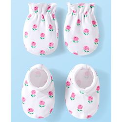 Babyhug 100% Cotton Knit Mittens & Booties Set with Floral Print - White