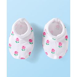 Babyhug 100% Cotton Knit Mittens & Booties Set with Floral Print - White