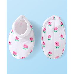 Babyhug 100% Cotton Knit Mittens & Booties Set with Floral Print - White