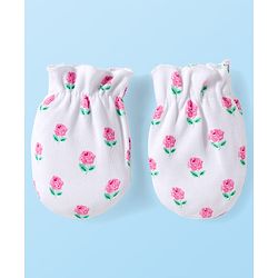 Babyhug 100% Cotton Knit Mittens & Booties Set with Floral Print - White