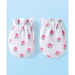 Babyhug 100% Cotton Knit Mittens & Booties Set with Floral Print - White
