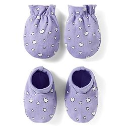 Babyhug 100% Cotton Knit Mittens & Booties Set with Heart Print - Lavender