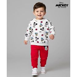 Babyhug Disney Terry Knit Full Sleeves Sweatshirt and Track Pant Set with Mickey Mouse Graphic - White & Red