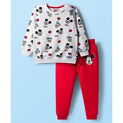 Babyhug Disney Terry Knit Full Sleeves Sweatshirt and Track Pant Set with Mickey Mouse Graphic - White & Red