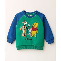Babyhug Disney Terry Knit  Full Raglan Sleeves Cut & Sew Sweatshirt and Track Pant with Winnie the Pooh Graphic - Green & Blue