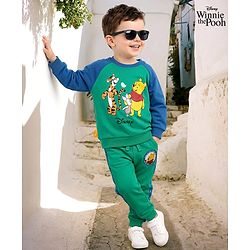 Babyhug Disney Terry Knit  Full Raglan Sleeves Cut & Sew Sweatshirt and Track Pant with Winnie the Pooh Graphic - Green & Blue