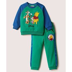 Babyhug Disney Terry Knit  Full Raglan Sleeves Cut & Sew Sweatshirt and Track Pant with Winnie the Pooh Graphic - Green & Blue