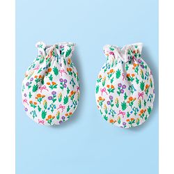 Babyhug 100% Cotton Knit Mittens & Booties With Floral Print - White