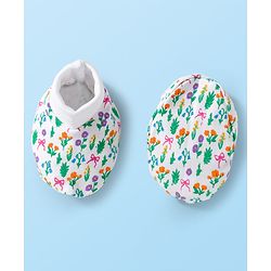 Babyhug 100% Cotton Knit Mittens & Booties With Floral Print - White