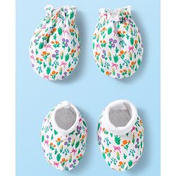 Babyhug 100% Cotton Knit Mittens & Booties With Floral Print - White