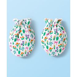 Babyhug 100% Cotton Knit Mittens & Booties With Floral Print - White