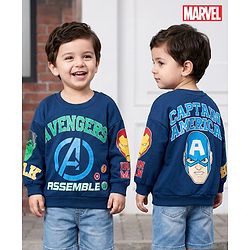 Babyhug Marvel Terry Knit Drop Shoulder Full Sleeves Sweatshirt With Front & Back Avengers Graphics - Navy Blue