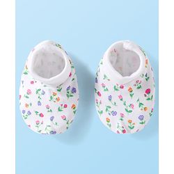 Babyhug 100% Cotton Knit Mittens & Booties Set with Floral Print - White