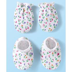 Babyhug 100% Cotton Knit Mittens & Booties Set with Floral Print - White