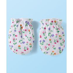 Babyhug 100% Cotton Knit Mittens & Booties Set with Floral Print - White