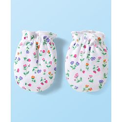 Babyhug 100% Cotton Knit Mittens & Booties Set with Floral Print - White