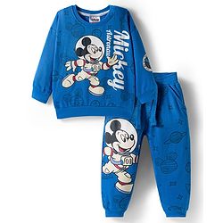 Babyhug Disney Terry Knit Full Sleeves Drop Shoulder Sweatshirt and Track Pant with Mickey Mouse Graphic - Blue