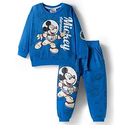 Babyhug Disney Terry Knit Full Sleeves Drop Shoulder Sweatshirt and Track Pant with Mickey Mouse Graphic - Blue