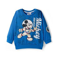 Babyhug Disney Terry Knit Full Sleeves Drop Shoulder Sweatshirt and Track Pant with Mickey Mouse Graphic - Blue