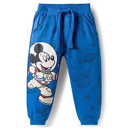 Babyhug Disney Terry Knit Full Sleeves Drop Shoulder Sweatshirt and Track Pant with Mickey Mouse Graphic - Blue