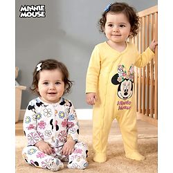 Babyhug Disney Interlock Knit Full Sleeves Footed Sleepsuit With Mickey & Friends Graphics Pack Of 2 - Yellow & White