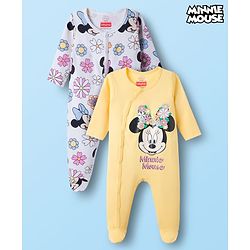 Babyhug Disney Interlock Knit Full Sleeves Footed Sleepsuit With Mickey & Friends Graphics Pack Of 2 - Yellow & White