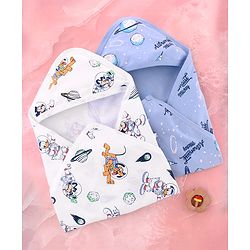Babyhug Disney Interlock Knit Hooded Towel with Mickey & Friends Print L 76 x B 76 cm Pack Of 2 - White & Lavender