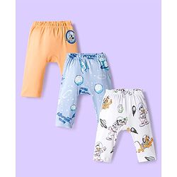 Babyhug Disney Interlock Knit Full Length Diaper Leggings With Mickey Mouse & Friends Graphics Pack of 3 - White Light Blue & Orange