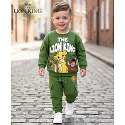 Babyhug Disney Terry Knit Full Sleeves Sweatshirt and Track Pant with Lion King Graphic & Badge Detailing - Olive Green