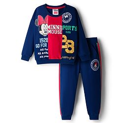 Babyhug Disney Terry Knit Full Sleeves Cut & Sew Sweatshirt & Track Pant Set With Minnie Graphics - Navy Blue
