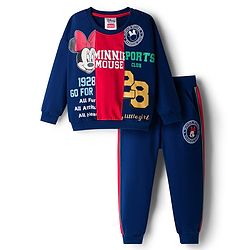 Babyhug Disney Terry Knit Full Sleeves Cut & Sew Sweatshirt & Track Pant Set With Minnie Graphics - Navy Blue