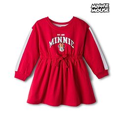 Babyhug Disney Terry Knit Drop Shoulder Full Sleeves Oversized Dress With Minnie Mouse Graphics - Maroon