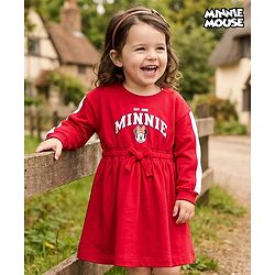 Babyhug Disney Terry Knit Drop Shoulder Full Sleeves Oversized Dress With Minnie Mouse Graphics - Maroon