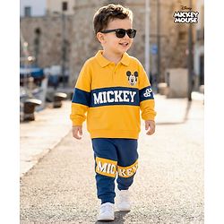 Babyhug Disney Terry Knit Full Sleeves Cut & Sew Polo T-Shirt & Lounge Pant Set with Mickey Mouse Graphics - Yellow