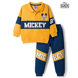 Babyhug Disney Terry Knit Full Sleeves Cut & Sew Polo T-Shirt & Lounge Pant Set with Mickey Mouse Graphics - Yellow