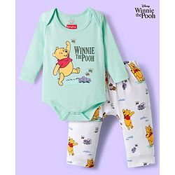 Babyhug Disney Interlock Knit Full Sleeves Onesie with Leggeing Set & Winnie the Pooh Graphic - Sea Green & White