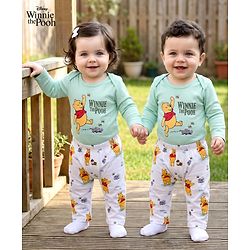 Babyhug Disney Interlock Knit Full Sleeves Onesie with Leggeing Set & Winnie the Pooh Graphic - Sea Green & White