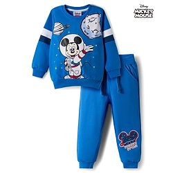 Babyhug Disney Terry Knit  Full Sleeves Sweatshirt and Track Pant with Mickey Mouse Graphic - Blue