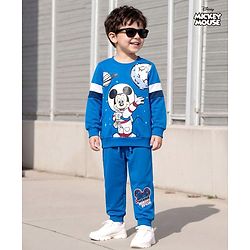 Babyhug Disney Terry Knit  Full Sleeves Sweatshirt and Track Pant with Mickey Mouse Graphic - Blue