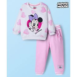 Babyhug Disney Terry Knit Drop Shoulder Full Sleeves Sweatshirt & Lounge Pant Set with Minnie Mouse Graphic - Pink