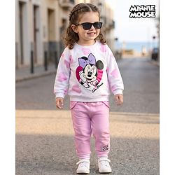 Babyhug Disney Terry Knit Drop Shoulder Full Sleeves Sweatshirt & Lounge Pant Set with Minnie Mouse Graphic - Pink